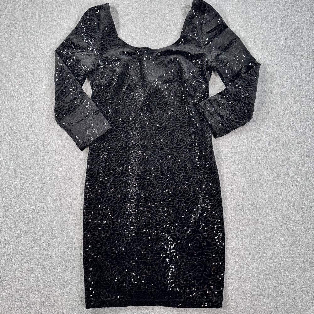 Mimi Chica Low Back Black Velvet Sequin Dress Size Medium 3/4 Sleeve Sheath New